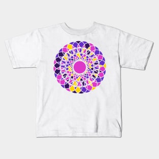 Repeated elements in round geometric ornament in random bright neon colors Kids T-Shirt